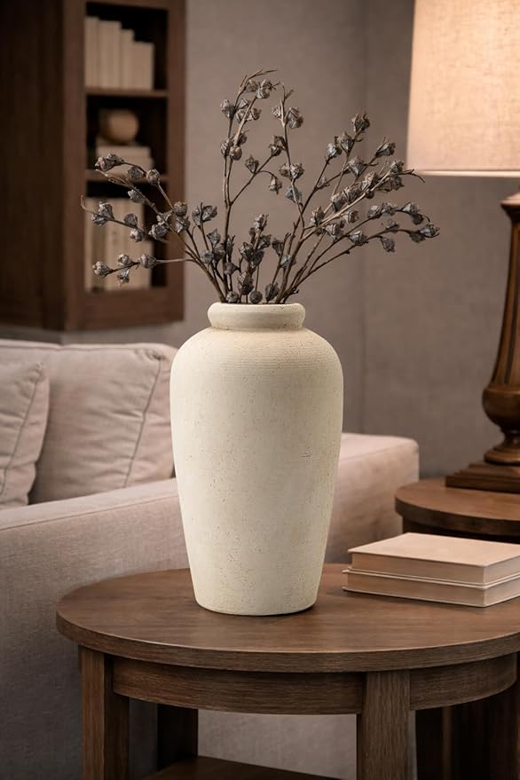 Emotionally Grounded Vase, Vaseking Large Ceramic Rustic Vase, 11 inch Minimalist Decorative Farmhouse Tall Vases for Home Decor, Living Room, Enterway, Table Decoration, White
