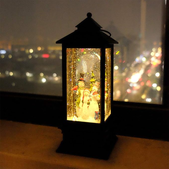 Wondise Lighted Musical Snow Globe Lantern with 6 Hour Timer, 12 Inches USB Powered & Battery Operated Spinning Water and Swirling Glitter Christmas Snow Globe Lantern Gifts(Snowman Family)
