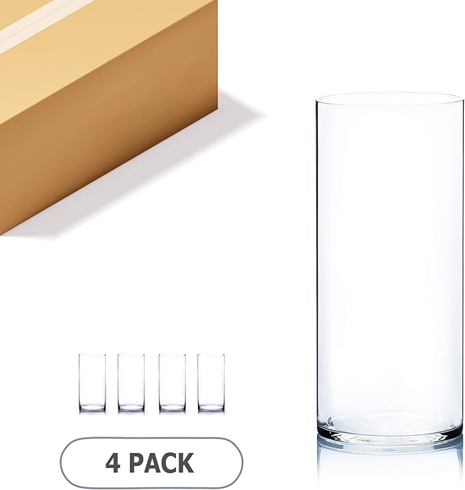 WGV Cylinder Vase Bulk, Width 7", Height 16", Clear Wide Large Diameter Flower Glassware, Floral Container, Planter Terrarium for Wedding Party Event, Home Accent Decor, 4 Pieces