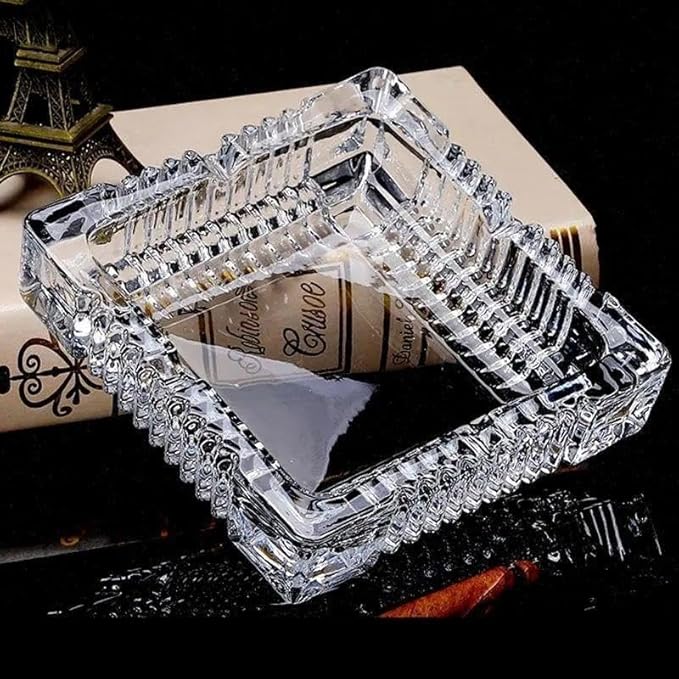 Handmade Glass Ashtray, Ashtray Ash Holder for Indoor or Outdoor Patio Desktop Office Smokers, Ash Tray for Tabletop Home Office Decor (Crystal, L)