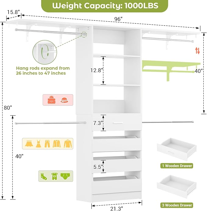 Aheaplus Closet System with 4 Drawers, 8FT Wood Closet Organizer System, 96’’ Walk-in Closet Wardrobe with Tower, 4 Hang Rods, 2 Top Shelves, Built In Closet Insert System, Fits Spaces 4-9 ft, White
