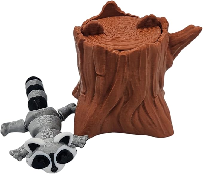 Articulating Animals Raccoon, Fox, Panda, Skunk, Possum with Containers - 3D Printed Articulated Joints ADHD, Autism, Relief Anxiety, Collectible Figurines (Raccoon Tree Stump)