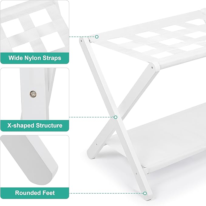 VASMIA Luggage Rack,Bamboo Suitcase Stand with Storage Shelf,Folding Luggage Stand for Guest Room,Hotel,Bedroom,Heavy-Duty, Holds up to 131 lb, White