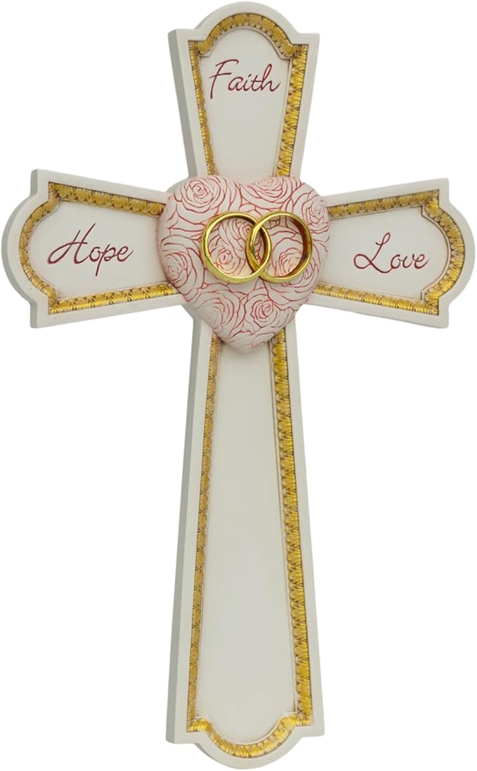 Grace4Joy Wedding Wall Cross, 10 Inches Marriage Prayer Cross Decor Vow Renewal Gifts, Hand Painted Faith Hope Love Wall Decor Religious Wedding Gifts for Couples
