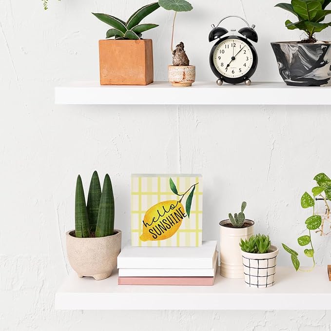 IYEZH Lemon Decor Farmhouse Lemon Wooden Box Sign Rustic Country Hello Sunshine Lemon Box Sign Wood Sign Decor Summer Square Wood Sign Home Kitchen Desk Tabletop Shelf Decor 5 x 5