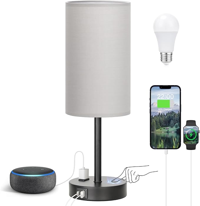 Fenmzee Touch Bedroom Lamp - Grey, 3-Way Dimmable, USB A + C Charging, AC Outlet, 17.4inch Medium