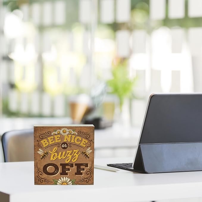 Bee Decor Summer Wall Decor Bee Nice Or Buzz Off Summer Decorations Wooden Box Sign for Home Office Farmhouse Table Shelf