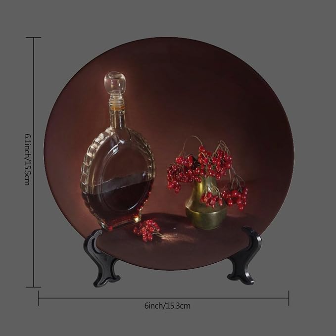WineDecorative Ceramic Plates, 6 Inch, Red Wine Bottles and Fruits Round Display Plate, Home Wobble-Plate with Display Stand, Ceramic Craft for Wall Hanging Decorative