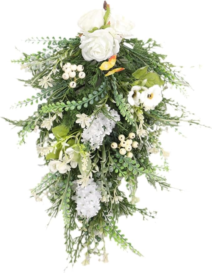 Artificial Flower Teardrop Swag Wreath Hanging Garland Welcome Sign 20inch Long for Farmhouse Decor Accessory Versatile