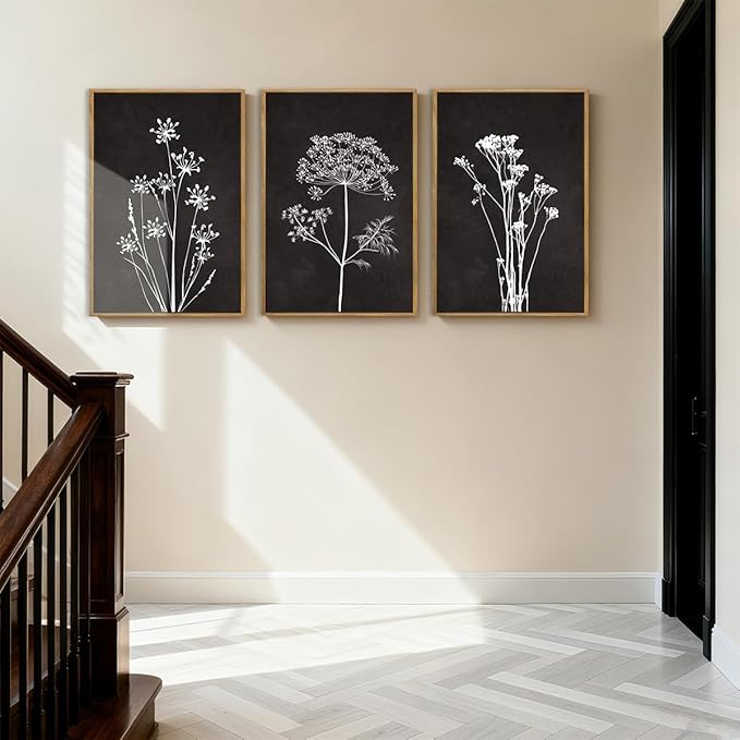 BINCUE Framed Botanical Wall Art Black Grey and White Plant Floral Art Prints Flowers Wall Decor Black Artwork White Floral Wall Pictures Botanical Paintings for Living Room Bedroom Office Farmhouse 3 Panel 16x24 Inches