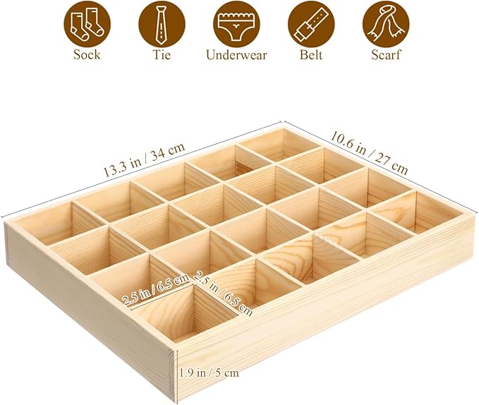 Angoily Socks Organizer Storage Box, Drawer Organizer with 20 Compartments for Underwear and Sundries, Stackable Drawer Container in Original Wooden Color 13.38 X 10.62 X 1.96 in