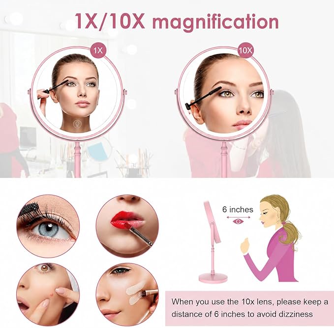 DEIOVWXS Makeup Mirror, 3000mAh Rechargeable Double-Sided Magnifying Vanity Mirror with 3 Colors, 1X/10X, Adjustable Brightness, Gifts for Mom, Mothers Day, Women, Wife, Girls, Dorm Room Essential