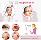 DEIOVWXS Makeup Mirror, 3000mAh Rechargeable Double-Sided Magnifying Vanity Mirror with 3 Colors, 1X/10X, Adjustable Brightness, Gifts for Mom, Mothers Day, Women, Wife, Girls, Dorm Room Essential