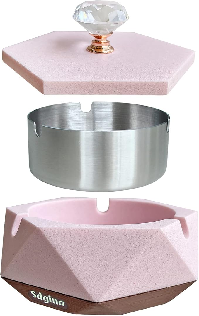 Pink Ash tray for Women, Unique Design Ashtray with Lid and Removable Liner, Easy to Clean, Perfect Cute Ash trays Indoor, Funny Ashtray Gift for Cigarette Smokers
