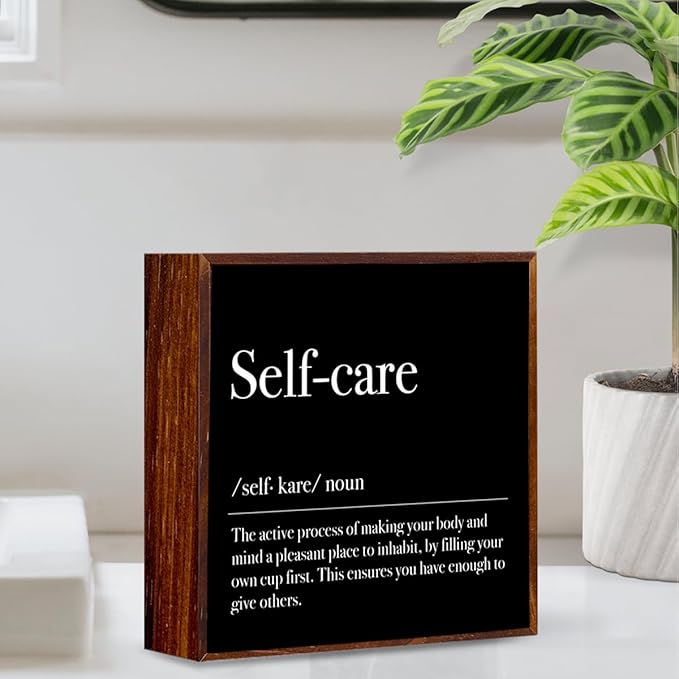 Inspirational Wooden Box Sign Mental Health Rustic Office Desk Decoration Gifts Wood Plaque Home Shelf Table Decor Self Care Must Haves (Black)