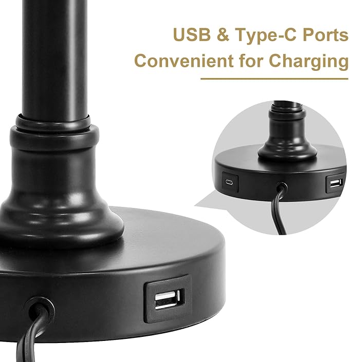 Oneach 19.5" Black Table Lamp Set of 2, Small Bedside Table Lamps with Unique Natural Shade, Pull Chain Switch, USB A+C Charging Ports, Rustic Nightstand Lamps for Living Room, Bedroom, Nursery