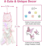 Fun-Plus Pink Dream Catcher Wall Hanging Set - 10 Butterflies & 16 Stars, Boho Room Decor for Girls, Easy Peel & Stick Wall Art for Bedroom, Nursery, Teen Room for Daughter, Birthday, Christmas