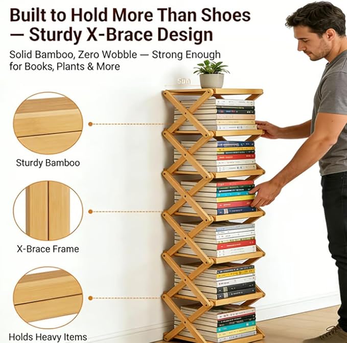 The 9-Tier No-Assembly Bamboo Rack, Foldable Stackable 9 Tier Bamboo Shoe Rack Vertical Storage Sturdy & Stable, Tall Narrow Space-Saving Expandable Shoe Rack for Entryway Closet Dorm (Nature,9 Tiers)