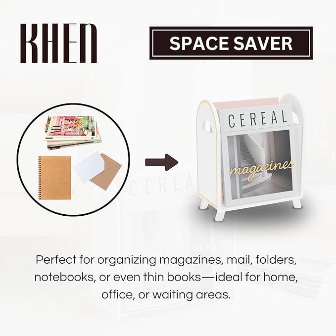 Khen Acrylic Magazine Rack Holder & Gold Trim - 12.40" x 10" x 4.49" - Crystal Lucite Clear - Shatterproof - Open Top - Space Saver - For Magazines, Publications, Office Desk, Reception, Waiting Room