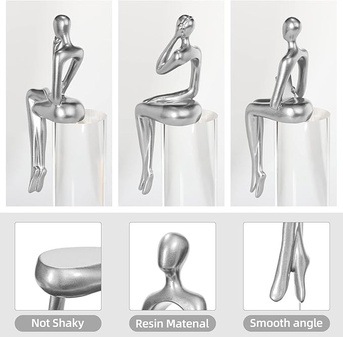 BMLCGJ Thinker Statue Gold Decor Abstract Art Sculpture, Golden Resin Collectible Figurines for Home Living Room Office Shelf Decoration,Great Gifts Ideas (Sitting Posture-Silvery)