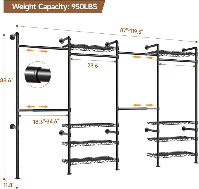 Wall Mounted Garment Rack, Industrial Pipe Metal Clothing Rack with 6 Hanging Rods (4 Expandable) & 8 Shelves, Closet Organizers and Storage System for Bedroom, Walk in Closet