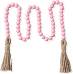 Equsion Seasonal Wooden Bead Garland with Tassels, 3.3 ft Holiday Vintage Boho Bead Garland Easter Tray Decoration, Vase Wall Room Art Birthday Party Decoration(Pink)