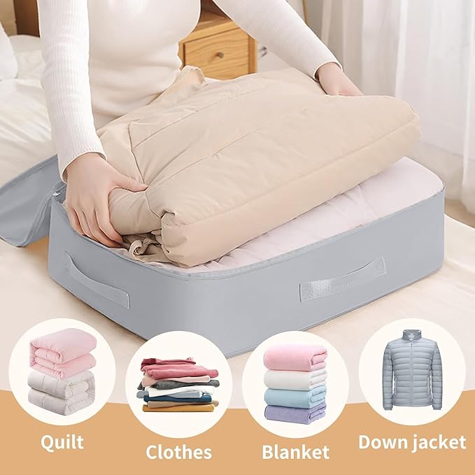 Ultra Space Saving Self Compression Organizer, Large Capacity Storage Bag, Thick Satin Fabric Heavy Duty Bags for Comforters Blankets Bedding Duvet (Beige, Large, 21x17x12in)