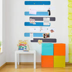 Vuzvuv 8 pcs Bulletin Board Bar Strips with 50 Pushpins & 10 Wooden Clip pins，Self Adhesive Cork Board for Wall，Felt Pin Board for School，Office Decor(Blue White Grey)