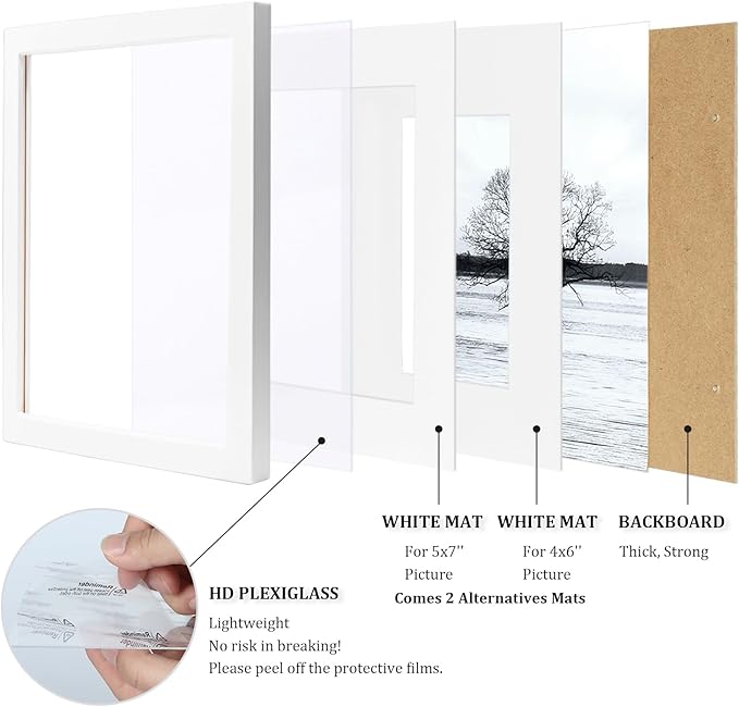 Egofine 8x10 Picture Frames Set of 4, Made of Solid Wood Covered by Plexiglass 4x6 and 5x7 with Mat or 8x10 without Mat, for Table Top Display and Wall Mounting Photo Frame White
