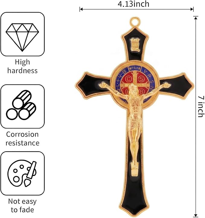 TALPGOD St Benedict Crucifix Black 7 Inch,Crucifix Wall Cross for Catholic Decor,Jesus Christ Hanging Cross Wall Art Decor,Escapularios Catolicos,Saint Benedict Medal for Home Decoration