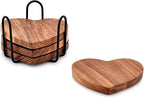 Samhita Acacia Wood Heart Shape Coaster Set of 4 with Iron Holder for Coffee Table Décor Housewarming Gift New Home Kitchen Décor