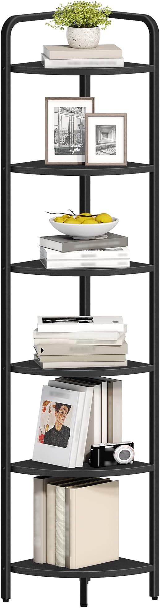 Hzuaneri Corner Shelf Stand, Corner Bookshelf, Plant Shelf, Corner Display Rack, Standing Shelf with Metal Frame for Living Room, Bathroom, Kitchen, Industrial Style, 6 Tier Black CS06604B