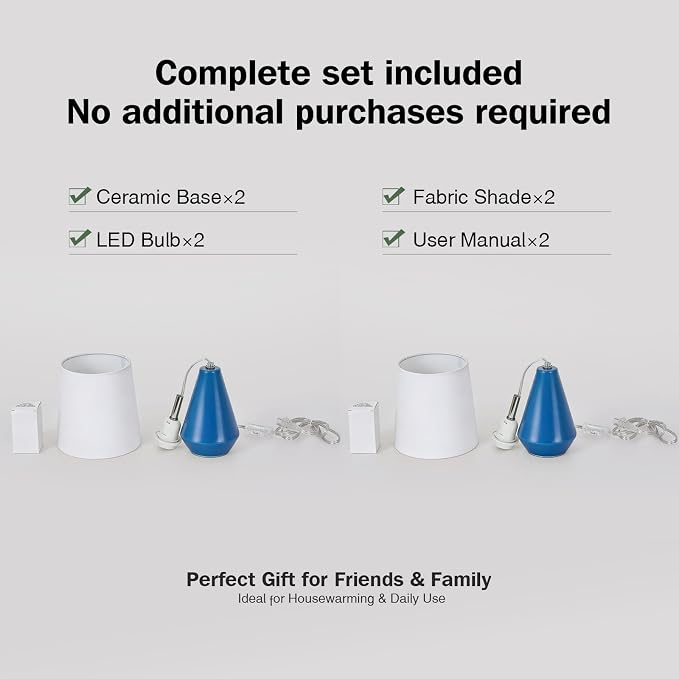 Small Bedside Table Lamp for Bedroom-Reading Desk Lamp Set of 2,with 3 Color Temperatures,15.5" Nightstand Ceramic Lamp with Fabric Shade for Kids Room,Living Room,Dorm,Home Office(Blue+White)