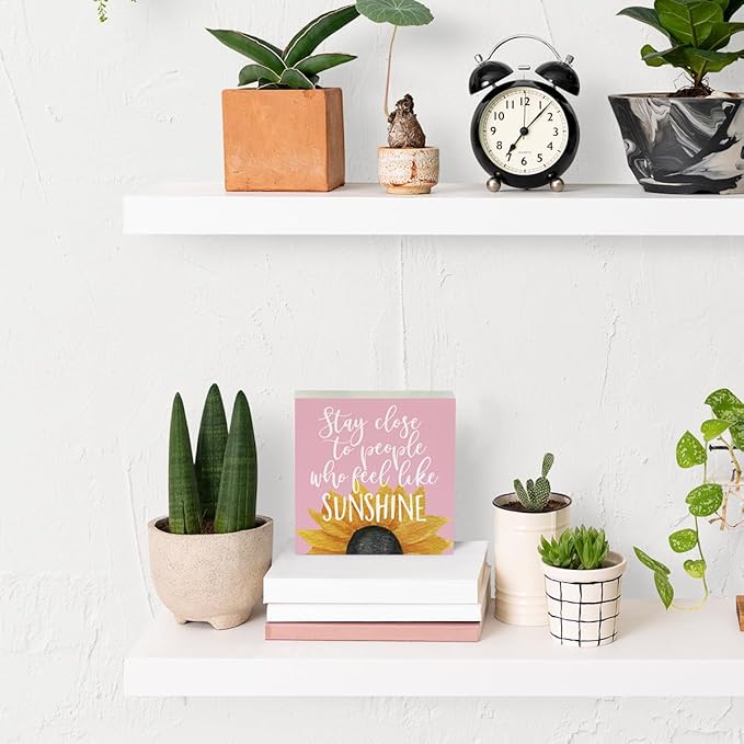 Sunflowers Pink Room Decor Sunflower Gifts for Women Spring Decor Pink Accessories Sunflower Wooden Box Sign for Home Office Desk Tabletop Shelf