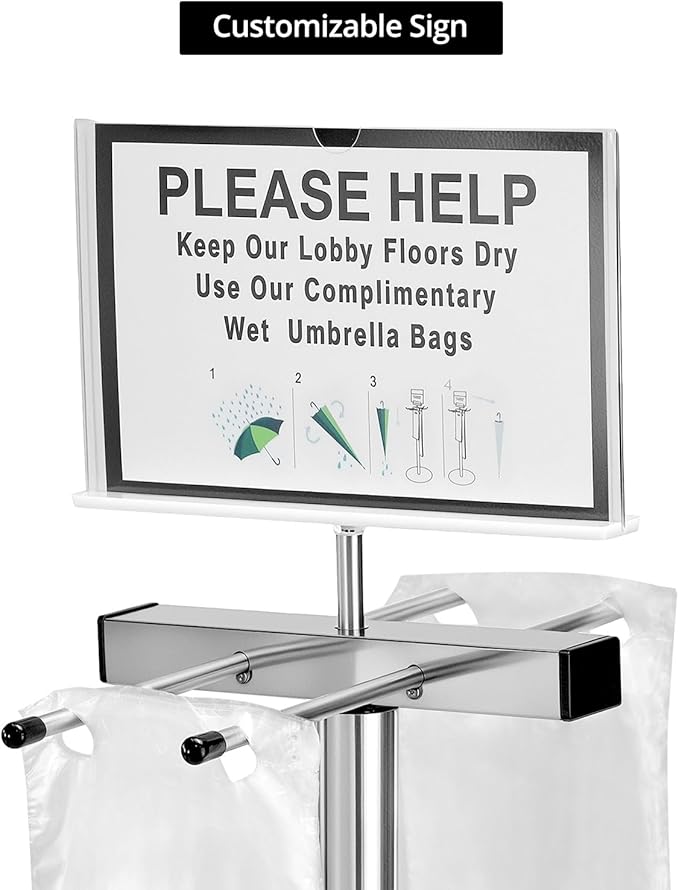 QWORK Umbrella Bag Dispenser Stand, Stainless Steel Dual-Side Holder, 8x11 Sign Frame, 6 lb Freestanding Black Base, Includes 200 Long Umbrella Bags for Lobby Entryway