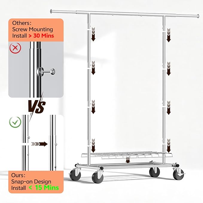 Heavy Duty Clothes Rack - Load 500 LBS, Rolling Clothing Rack for Hanging Clothes with Lockable Wheels & Shelves, Extendable Garment Rack for Bedroom, Laundry, Living Room, Silver
