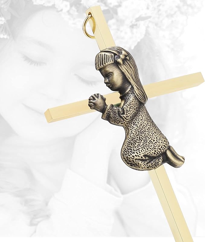 DCCXN Baby Wall Cross Baptism Gifts for Girls, 6 Inch Gold Praying Baby Girl Crosses for First Holy Communion, Christening, Baptismal Cross Decor-Gold Girl Crosses