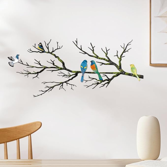 ESTART Metal Birds Wall Art, Metal Vivid Birds on Branch Silhouette Wall Decor Black Leaves with Bird Outdoor Hanging Wall Sculpture for Home Balcony Garden (Bright Color, Small)