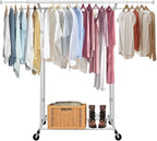 White Double Rod Garment Rack for Hanging Clothes, Rolling Clothes Organizer on Commercial Metal with Lockable Wheels Mobile Design for Coats Dresses