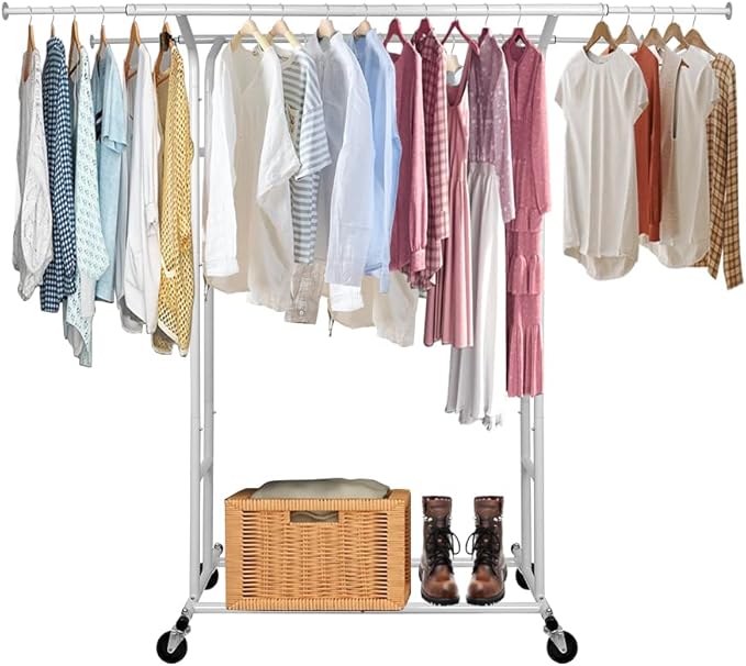 White Double Rod Garment Rack for Hanging Clothes, Rolling Clothes Organizer on Commercial Metal with Lockable Wheels Mobile Design for Coats Dresses