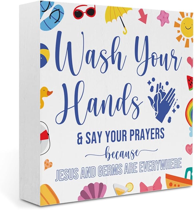 Wash Your Hands Sign Bathroom Decor Summer Bathroom Decor Summer Decorations Wooden Box Sign for Home Office Farmhouse Table Shelf