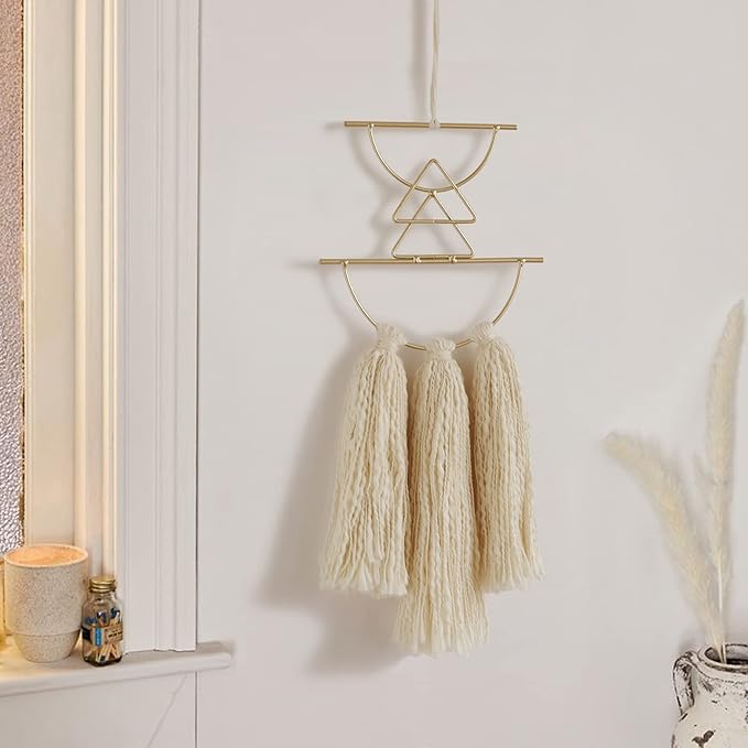 IOWER Boho Wall Decor Macrame Wall Hanging Small Metal Wall Art Cute Wall Decor For Living Room Bedroom(Ivory, 13"Lx4.7"w)