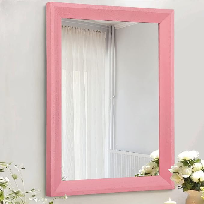 AAZZKANG Rectangle Mirror with Wood Frame Modern Farmhouse Wall Mirrors Decor Large 20"x16" for Bedroom Bathroom Living Room Pink