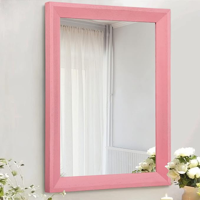 AAZZKANG Rectangle Mirror with Wood Frame Modern Farmhouse Wall Mirrors Decor Large 26"x18" for Bedroom Bathroom Living Room Pink
