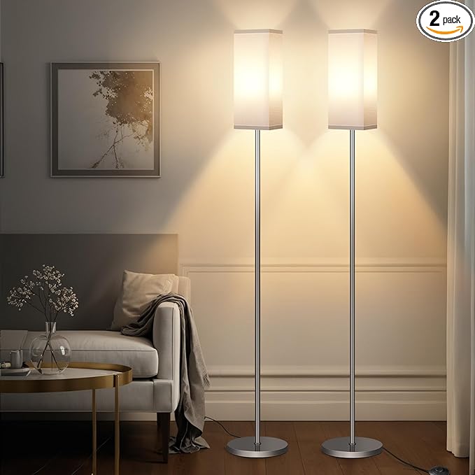 2Pack Floor Lamp, Pole with Foot Switch, Modern Standing Lamp Lamp, Minimalist Freestanding Lamp (Bulb Not Included), for Living Room, Bedroom Office ETL Listed, Silver and White,SCW07LDP205