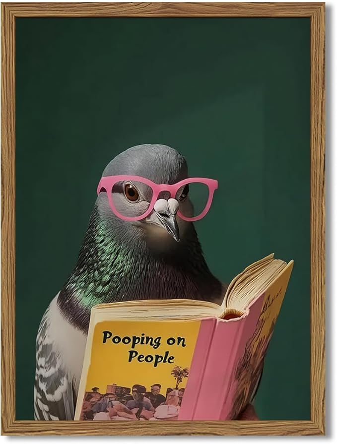 Framed Funny Pigeon Wall Art, Humorous Bird Reading Wall Decor Paintings, Pooping on People Book Pictures Canvas Print Eclectic Home Decor for Bathroom Living Room Office Dorm 12x16 inch