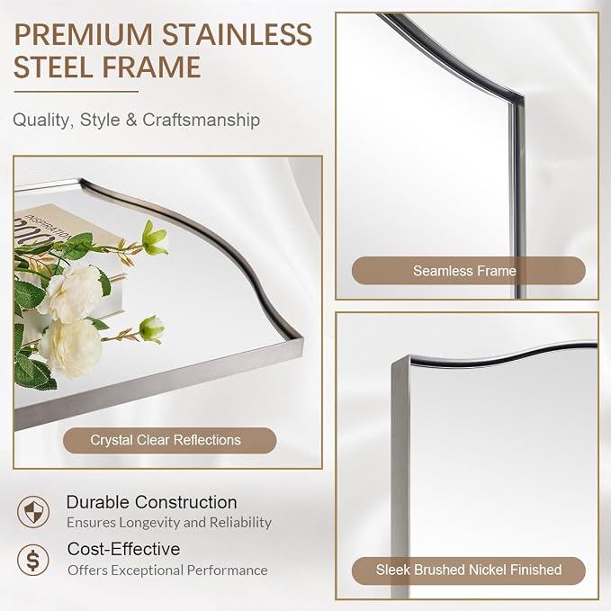 ANDY STAR 30"x48" Scalloped Mirror，Brushed Nickel Rectangle Bathroom Mirror with Curved Edge Stainless Steel Metal Frame, Large Wall-Mounted Mirror for Bathroom, Entryway (Horizontal/Vertical)