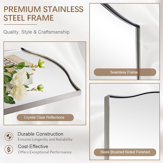 ANDY STAR 26"x38" Scalloped Mirror for Bathroom，Brushed Nickel Rectangle Wall Mirror with Curved Edge Stainless Steel Metal Frame, Wall-Mounted Mirror for Bathroom, Entryway, Living Room