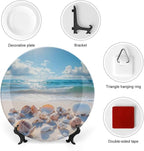 Shell Theme Decorative Ceramic Plate Round Porcelain Plate,8 inch,Beach Pattern,for Decorative Ornaments Giving Plates,1 Plate with 1 Display Stand,Off White Brown