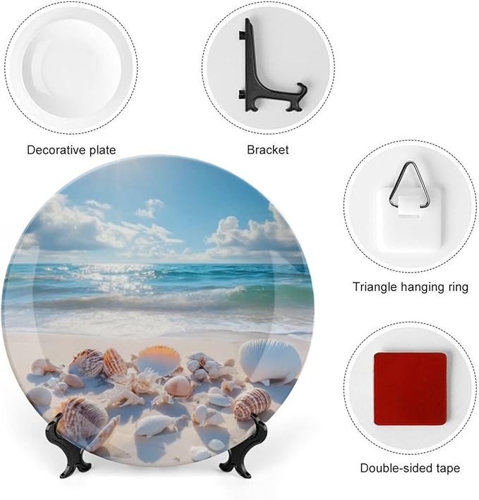 Shell Theme Decorative Ceramic Plate Round Porcelain Plate,8 inch,Beach Pattern,for Decorative Ornaments Giving Plates,1 Plate with 1 Display Stand,Off White Brown